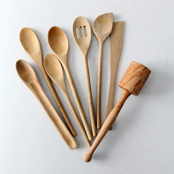 vintage wood spoon collection, kitchen utensils