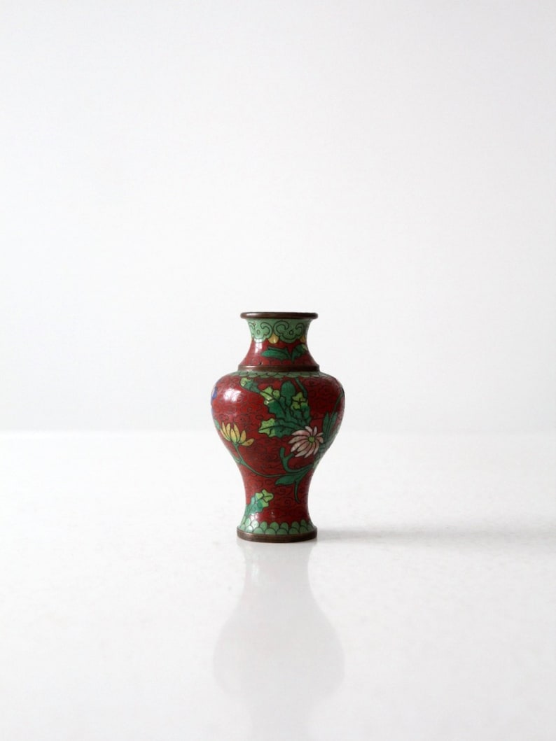 vintage Chinese cloisonné vase, small red floral vase image 1