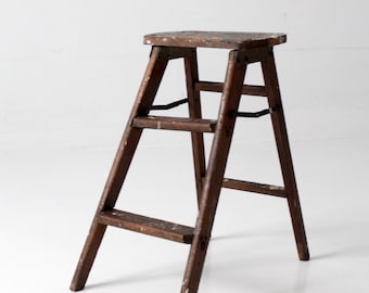 antique wood step ladder stool