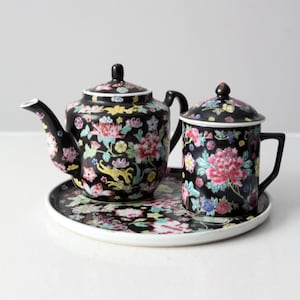 vintage Chinese millefleurs famille noire black porcelain tea set
