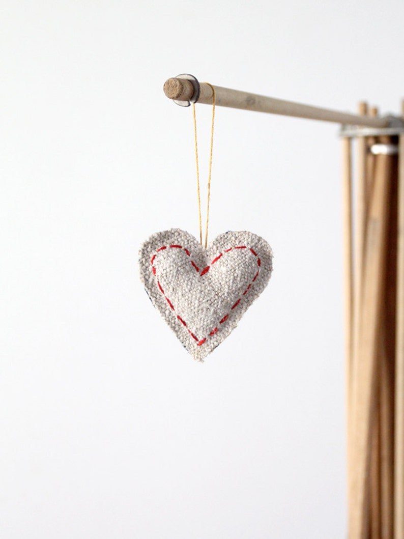 Heart Ornament, homespun linen and denim image 2