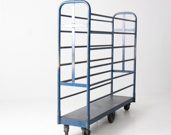 vintage industrial cart, blue metal rolling rack