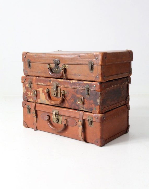 antique leather luggage set of 3