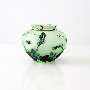 vintage painted glass vase, green frosted glass image 2