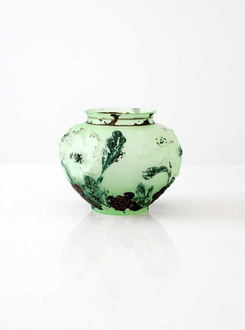 vintage painted glass vase, green frosted glass image 2