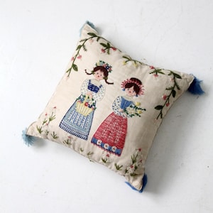 vintage embroidered girls throw pillow