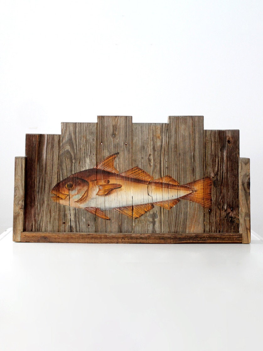 ヴィンテージの素朴な民芸品、魚の絵が描かれた看板 - Etsy 日本