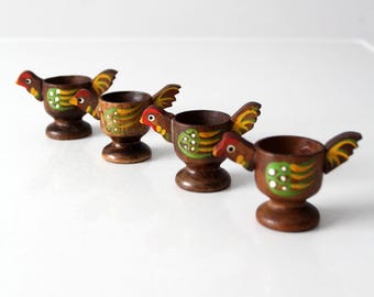 Set di 4 portauova vintage in legno a forma di uccellino