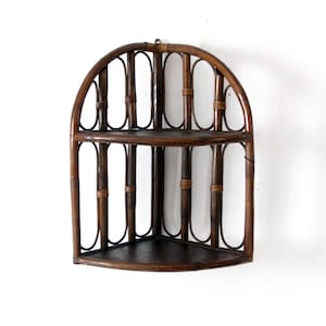 mid-century rattan corner wall shelf