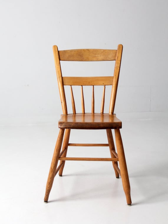 Antique Spindle Back Plank Seat Chair, Primitive Farmhouse Chair