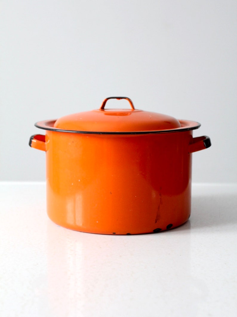 mid-century orange enamelware pot image 4