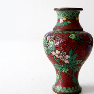 vintage Chinese cloisonné vase, small red floral vase image 3