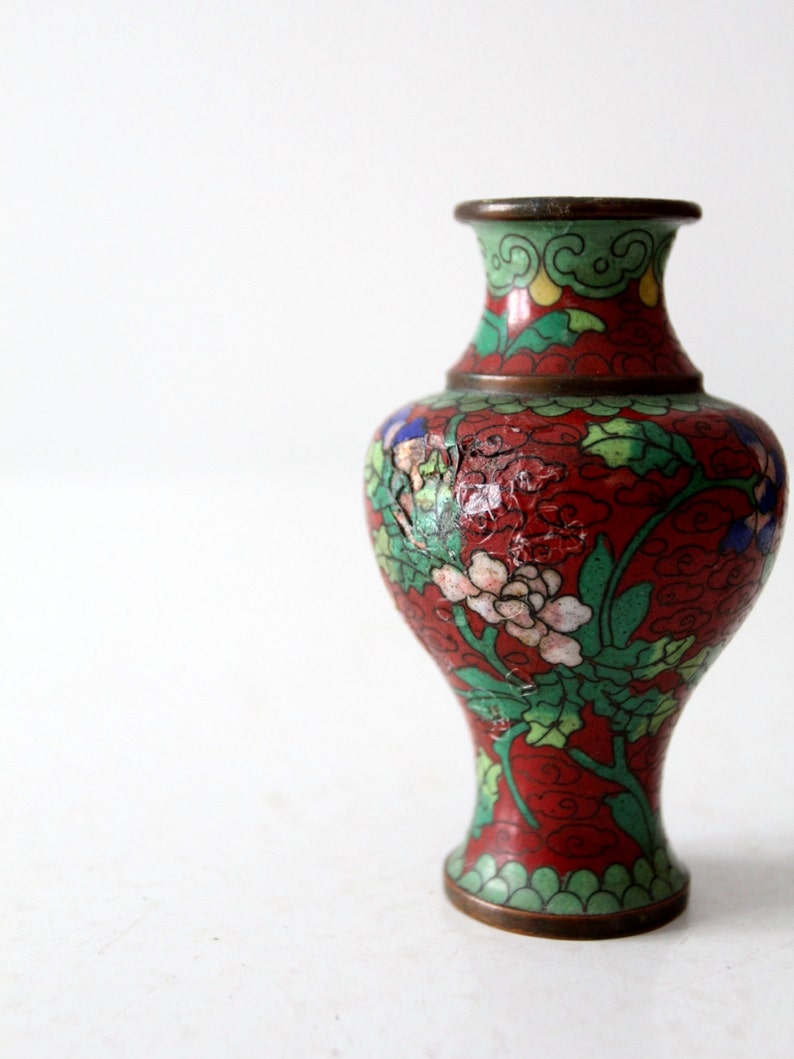 vintage Chinese cloisonné vase, small red floral vase image 3