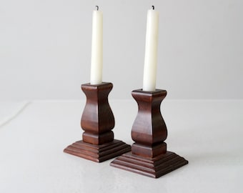 vintage wood candlestick holders pair