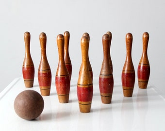 antique wooden skittles, tabletop bowling game