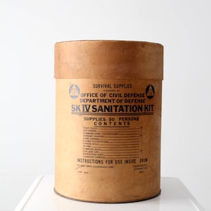 SK IV Sanitation kit box, Cold War survival kit barrel, 60s fallout shelter bin