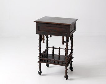 folk art spool table, 1930s sewing table, dark accent table