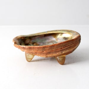 Op de afbeelding: Een klein, iriserend abalone-schelpje met drie transparante plastic voetjes. De schelp is van nature bruin met hints van groen en paars.