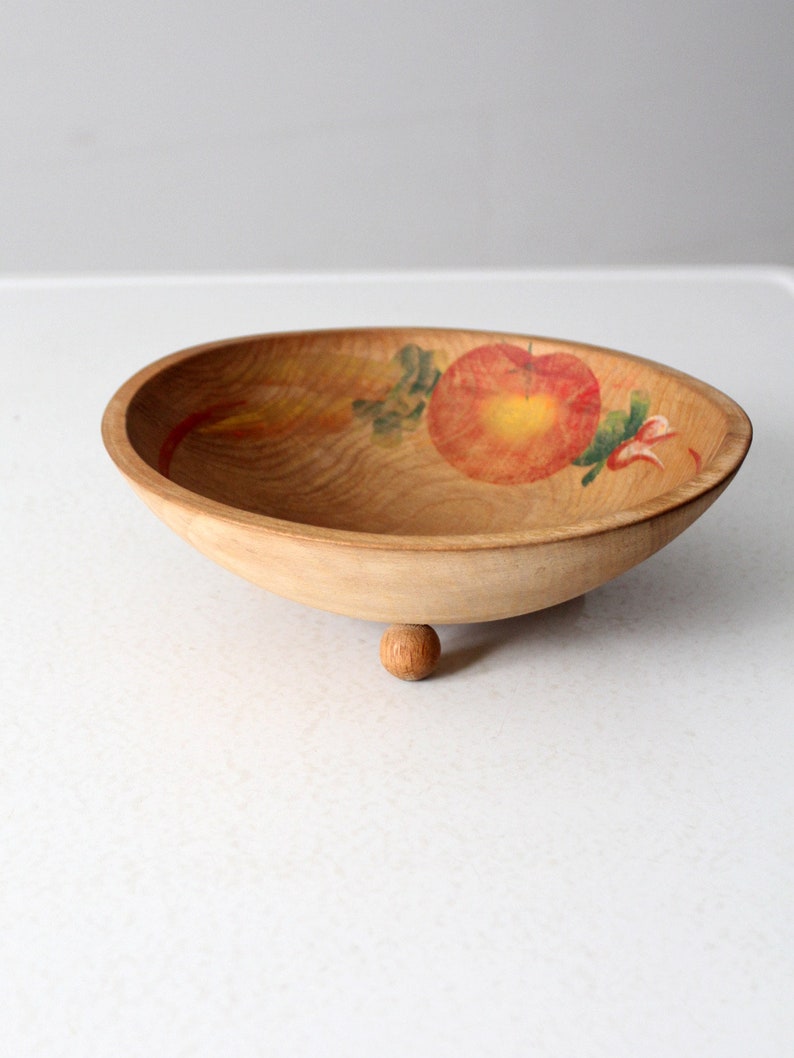 vintage hand-painted footed wood bowl image 5