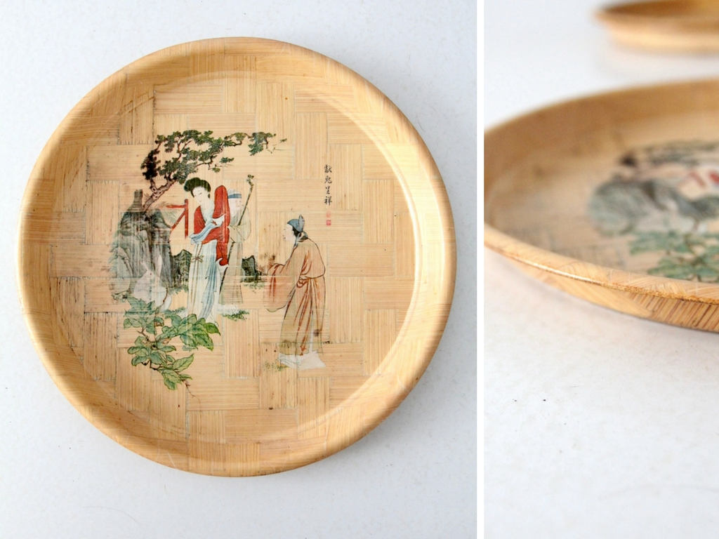 ヴィンテージの中国製竹皿コレクション、歴史を描いた絵皿6枚セット