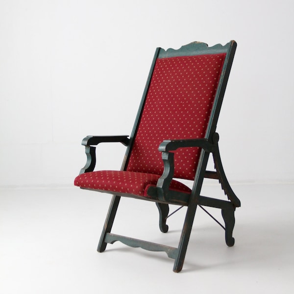 Antique Victorian Lawn Chair: Forest Green Wood Recliner