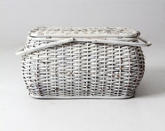 ヴィンテージの白い籐のピクニックバスケット - Etsy 日本
