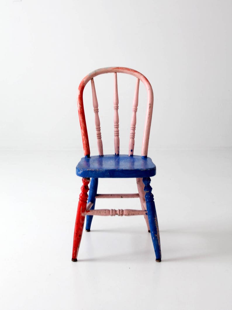 vintage painted children's chair, bright color spindle back chair image 1