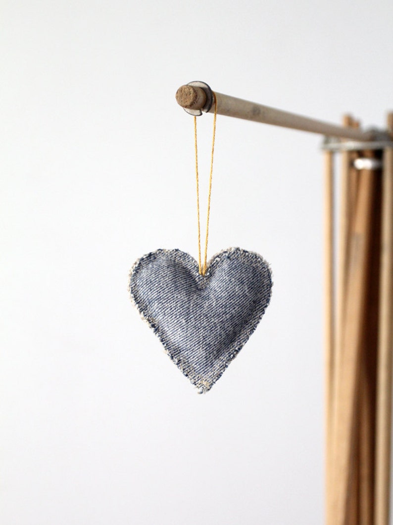 Heart Ornament, homespun linen and denim image 3