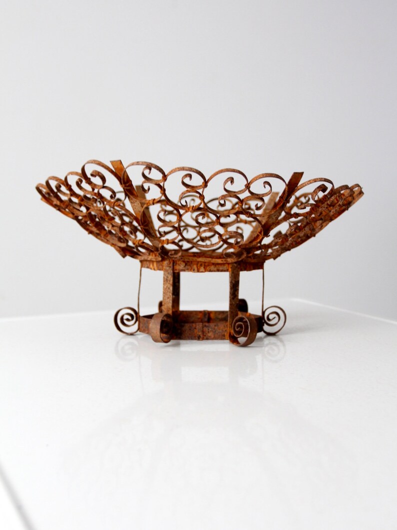 gothic outdoor centerpiece mid-century wrought iron scroll pedestal bowl