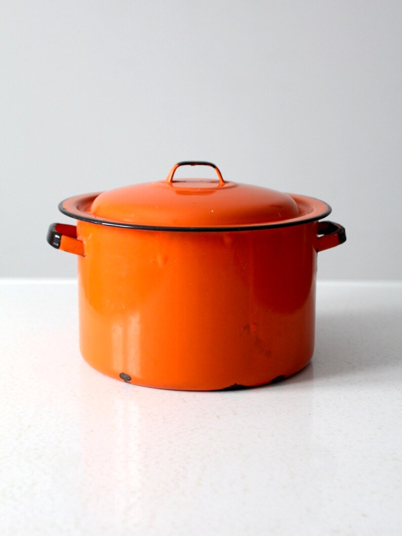 mid-century orange enamelware pot image 2