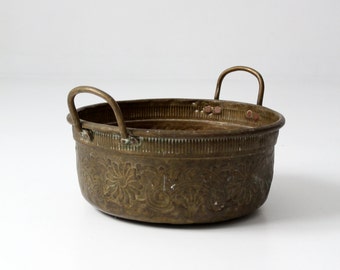 antique brass bowl with handles, large decorative basin