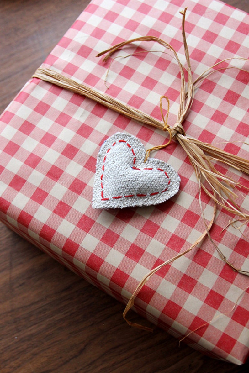 Heart Ornament, homespun linen and denim image 4