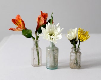 antique glass bottles, 1800s apothecary bottles, bud vases set/3