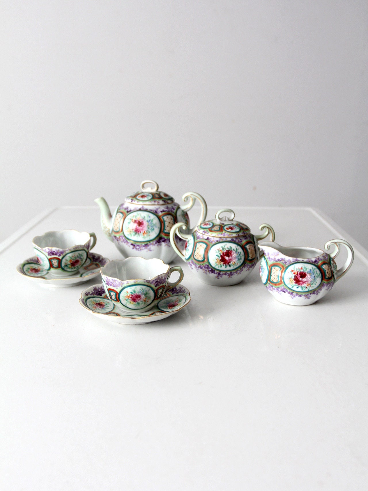antique floral porcelain tea set - 7 piece