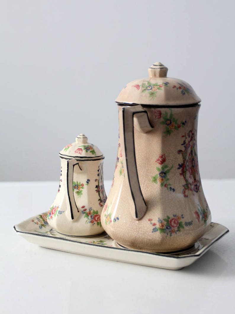floral teapot set, pre-1950s Japanese porcelain tea pot, creamer and tray by Tashiro Shoten image 9