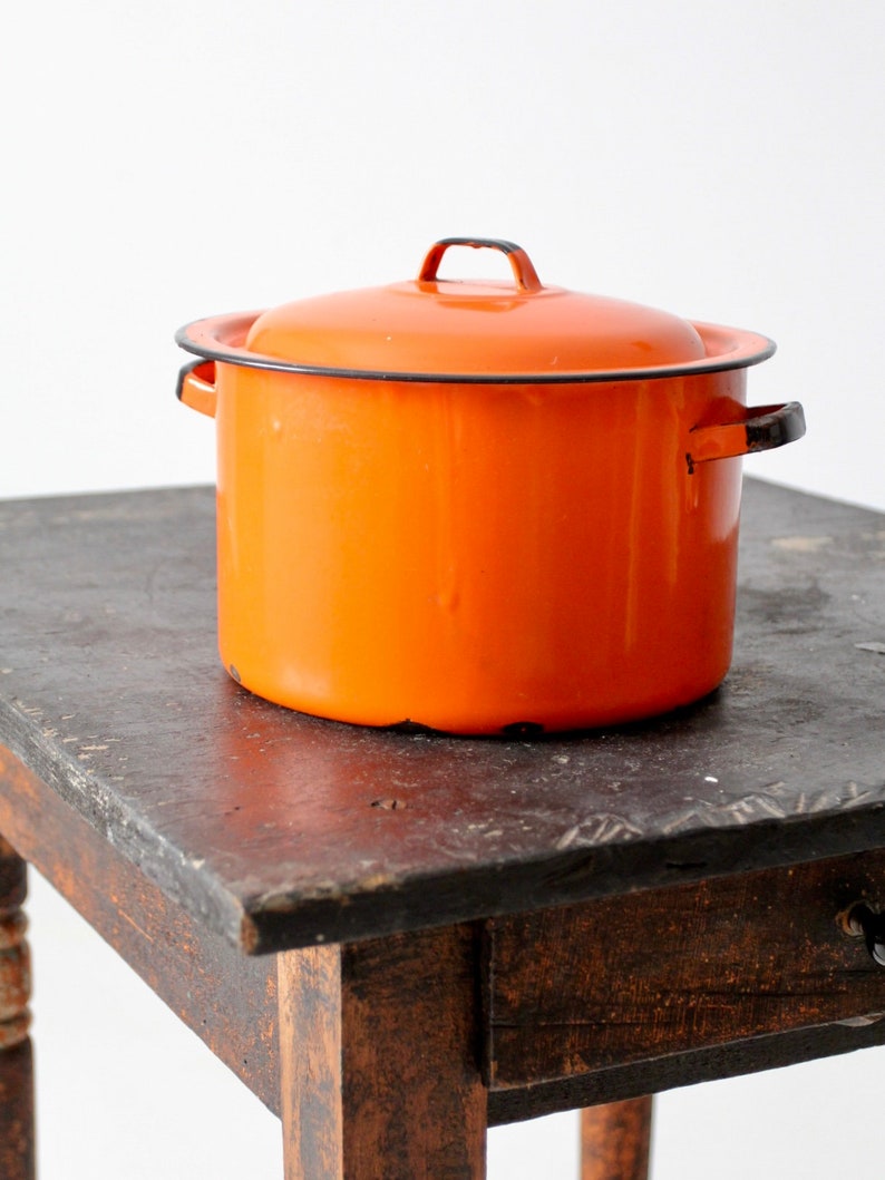 mid-century orange enamelware pot image 8