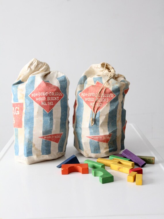 1970s Sears Little Learners Mailbag of Blocks wooden block sets