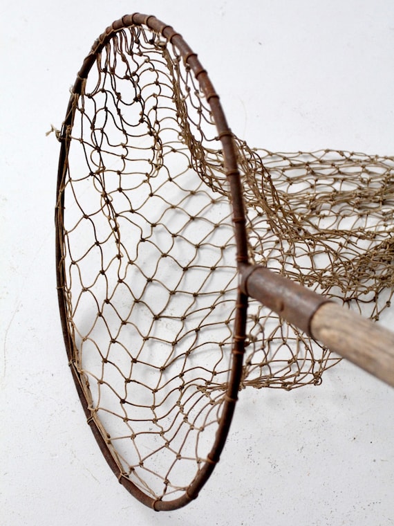 Antique Fish Net on Pole, Large Hand Held Fishing Net 