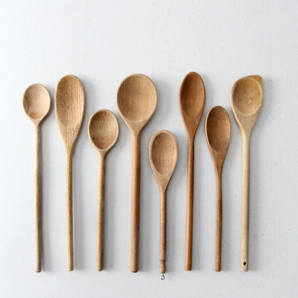 vintage wood spoon collection, kitchen utensils