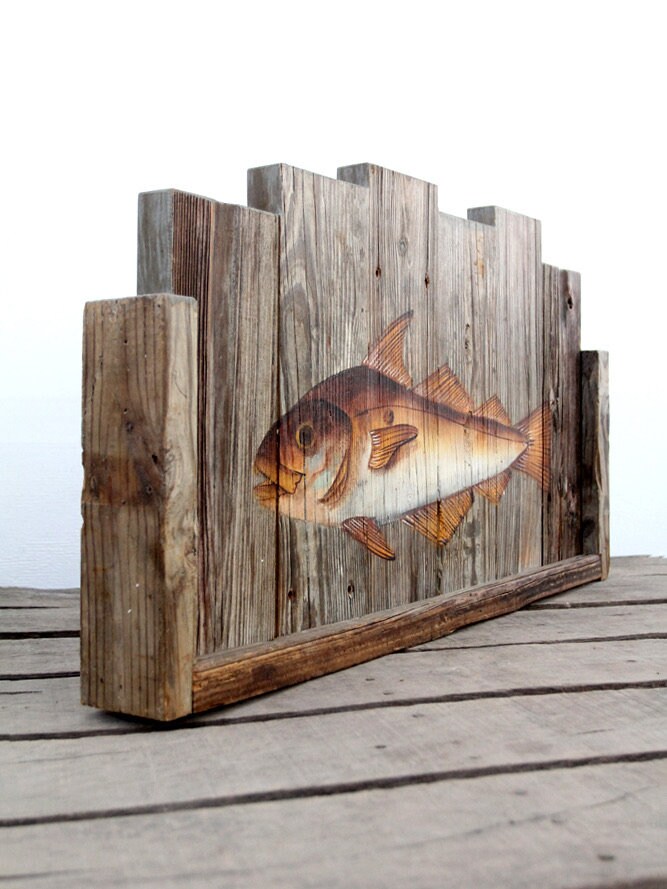 ヴィンテージの素朴な民芸品、魚の絵が描かれた看板 - Etsy 日本