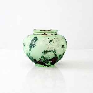 vintage painted glass vase, green frosted glass image 3