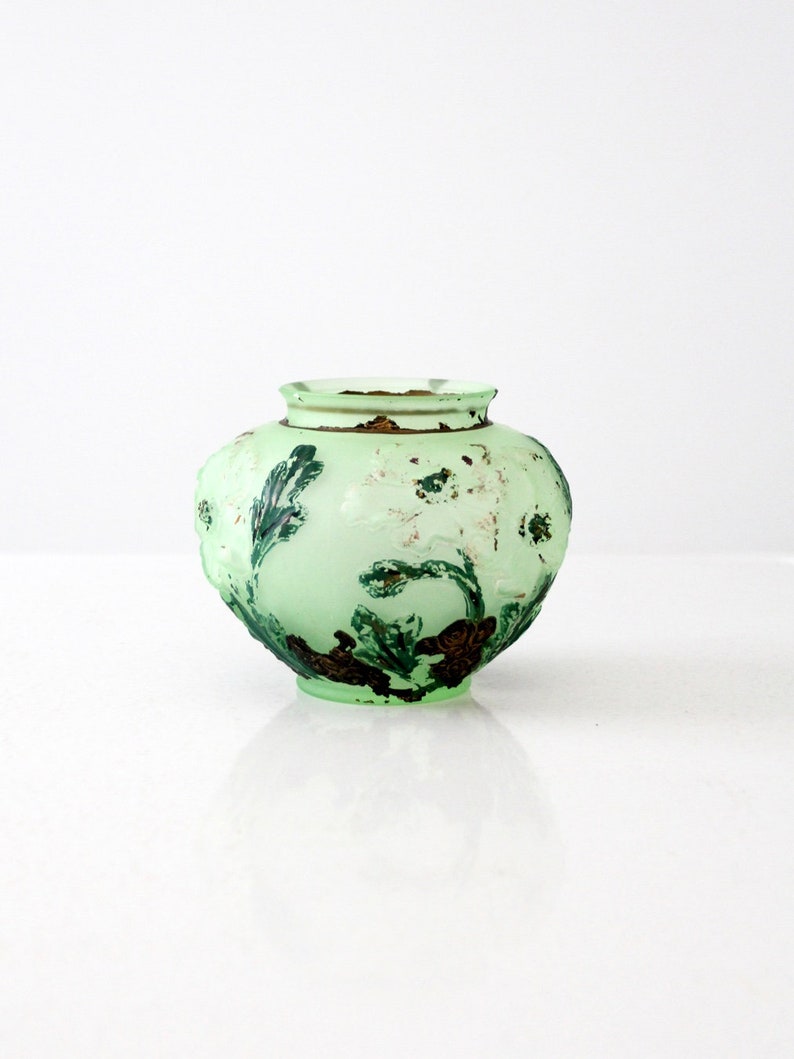 vintage painted glass vase, green frosted glass image 3