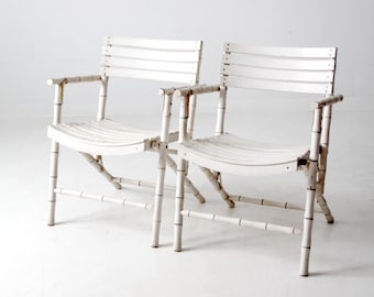 vintage white faux bamboo folding chairs pair