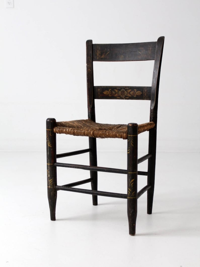 antique Hitchcock style chair, rush seat painted chair 画像 6