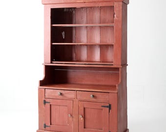 antique red step back cupboard cabinet