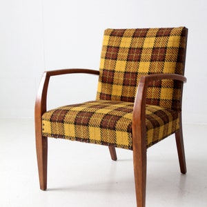 mid-century lounge chair with plaid upholstery