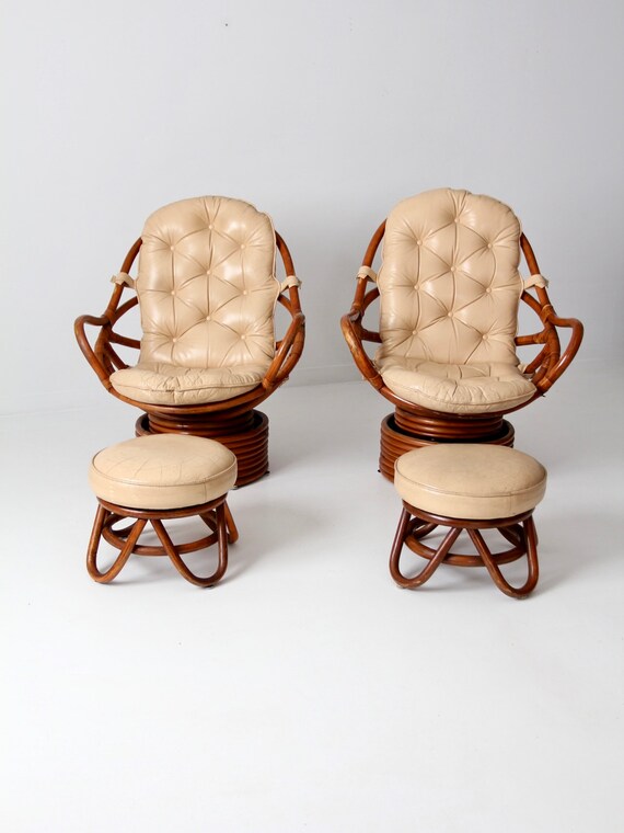 Mid century Rattan Swivel Chair Set 2 With Ottomans Etsy UK