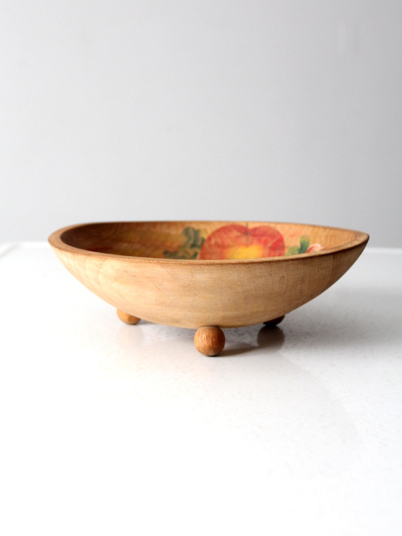 vintage hand-painted footed wood bowl image 3