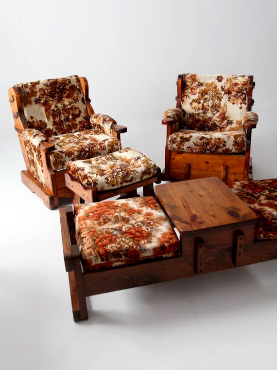Vintage Lodge Furniture Set Cabin Chairs And Bench Wooden Etsy