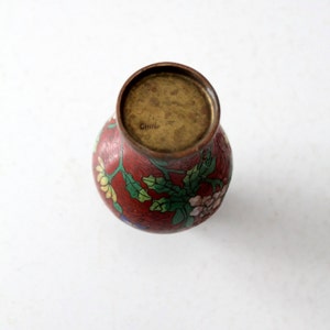 vintage Chinese cloisonné vase, small red floral vase image 5